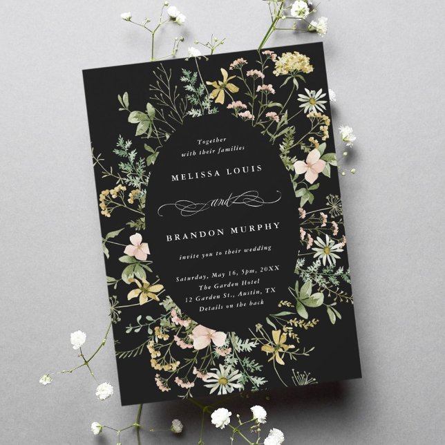 Wildflower Oval Frame Wedding Black Invitation (Creator Uploaded)