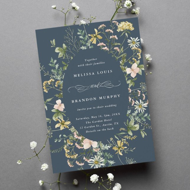 Wildflower Oval Frame Wedding Navy Blue Invitation (Creator Uploaded)