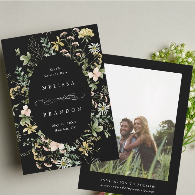 Wildflower Oval Frame Wedding Photo Black Save The Date (Creator Uploaded)