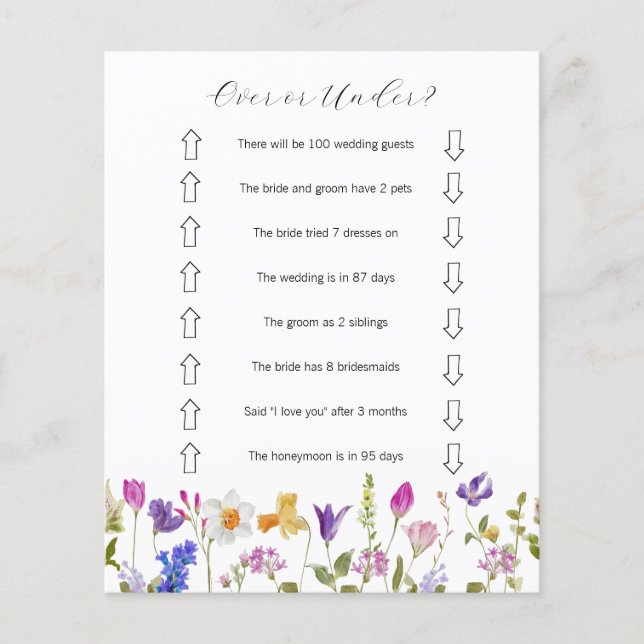 Wildflower Over or Under Bridal Shower Game  (Front)