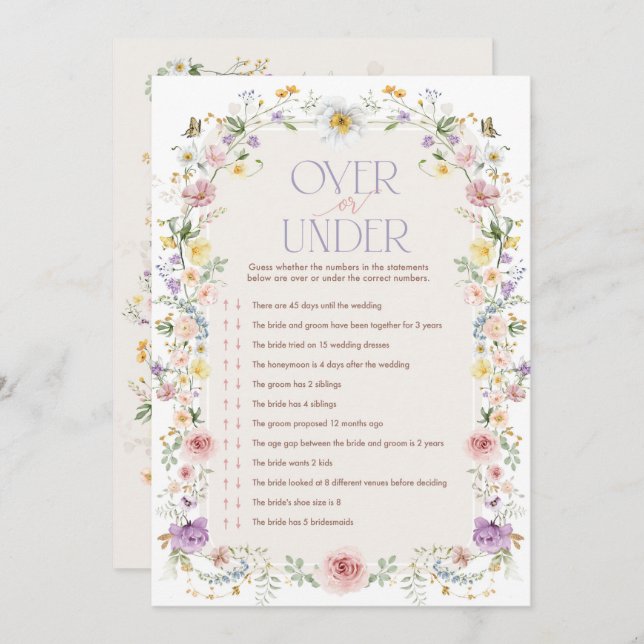 Wildflower Over or Under Bridal Shower Game Card (Front/Back)