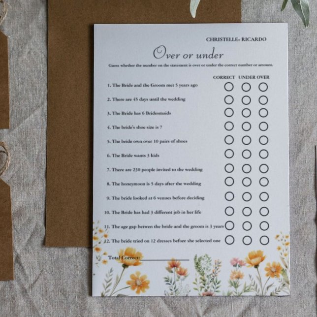 Wildflower  Over or under bridal shower game Card (Creator Uploaded)