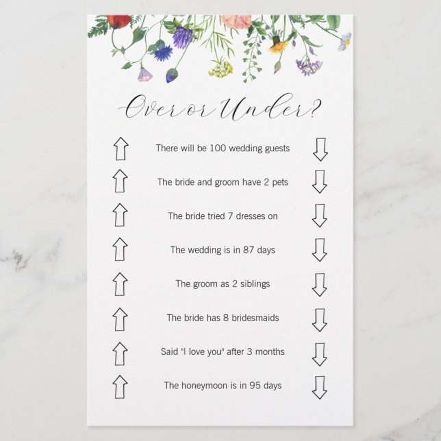 Wildflower Over or Under Bridal Shower Game  Flyer (Front)