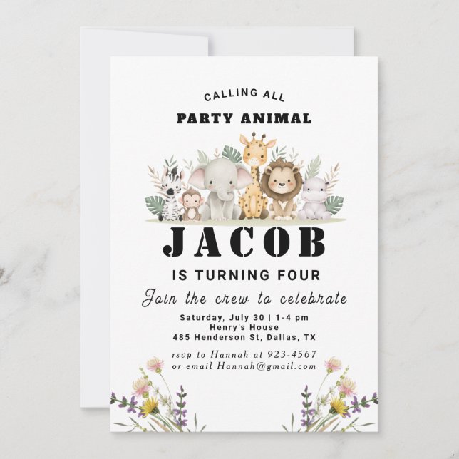 Wildflower Party Animal Kids Birthday Invitation (Front)