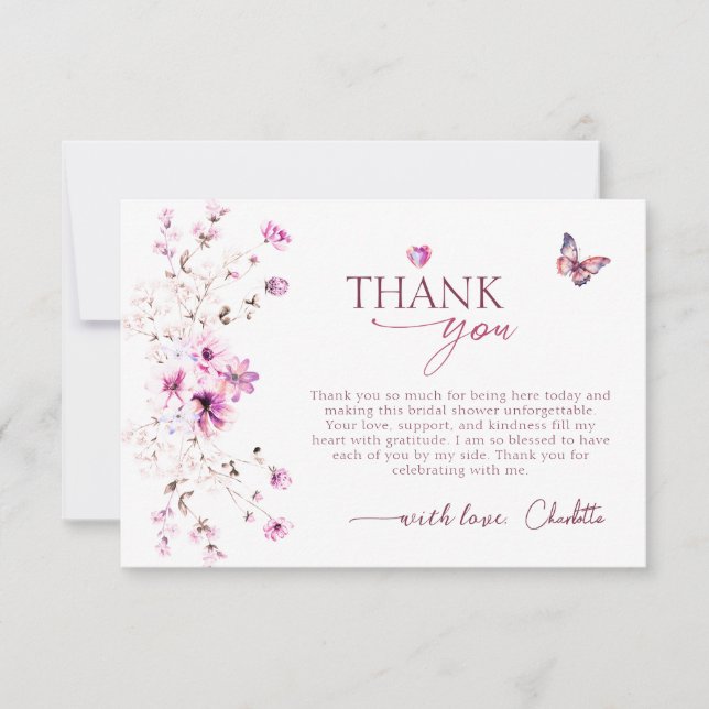 Wildflower Pastel Ruby Rose Bridal Shower Thank You Card (Front)