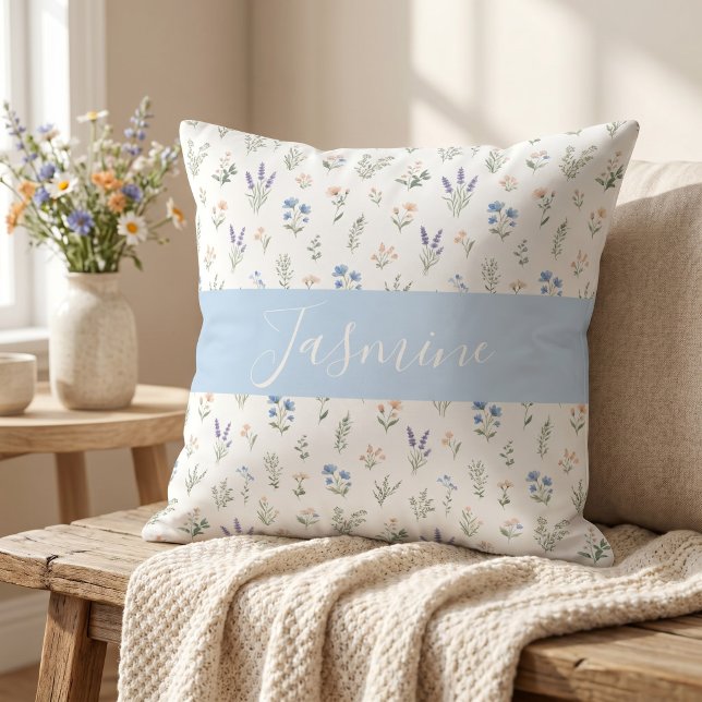 Wildflower Pattern Custom Monogram Name Blue  Cushion (Creator Uploaded)