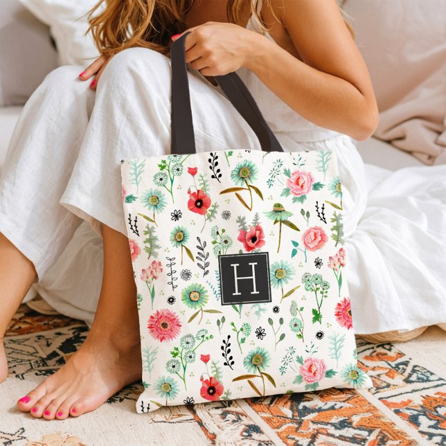 Wildflower Pattern Monogram Botanical Market Tote Bag (Wildflower Pattern Monogram Botanical Market Tote Bag)