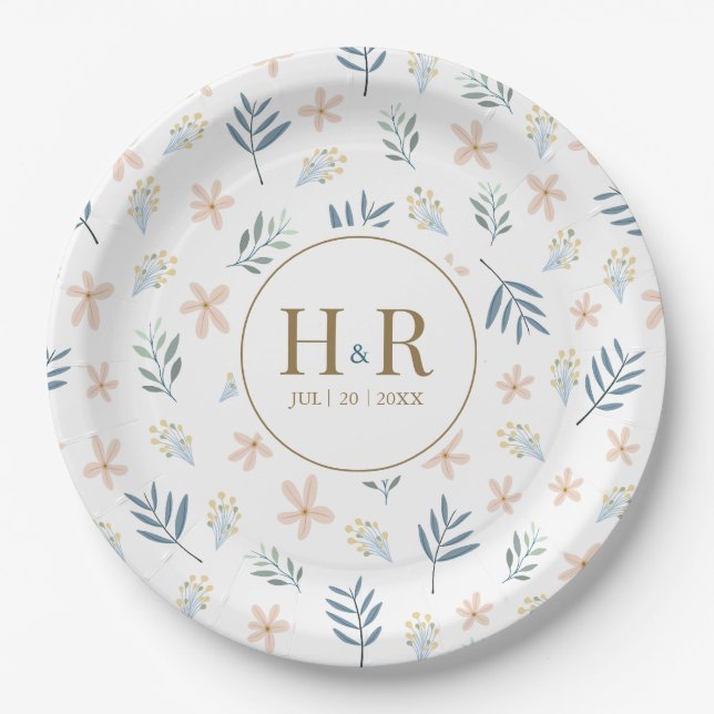 Wildflower Pattern Wedding Initials Paper Plate (Front)