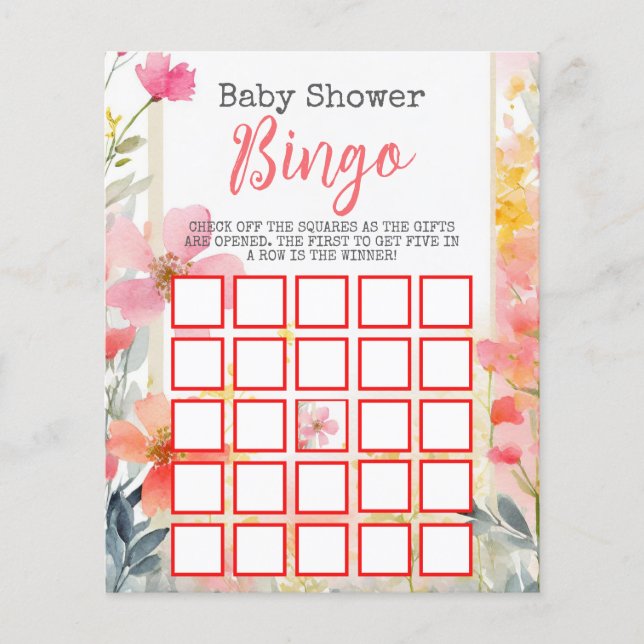 Wildflower Peach Flower Floral Baby Shower Bingo (Front)