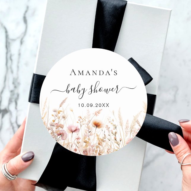 Wildflower peach pink baby shower classic round sticker (Creator Uploaded)