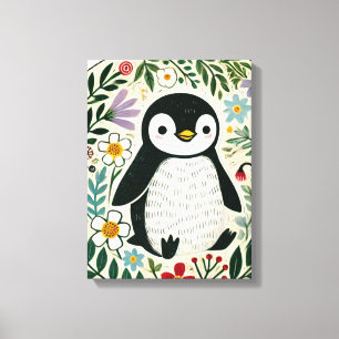 Wildflower Penguin Lovers Illustration Canvas Print