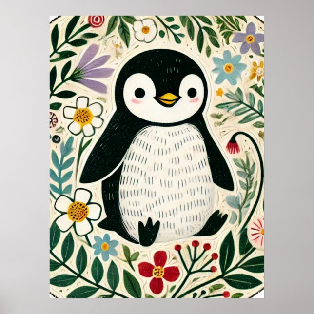 Wildflower Penguin Lovers Illustration             Poster (Front)