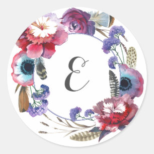 Wildflower Peony Floral with Feathers   Monogram Classic Round Sticker