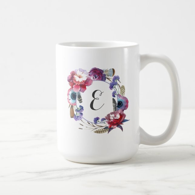 Wildflower Peony Floral with Feathers | Monogram Coffee Mug (Right)