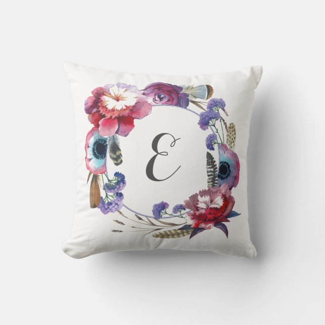 Wildflower Peony Floral with Feathers | Monogram Cushion (Front)