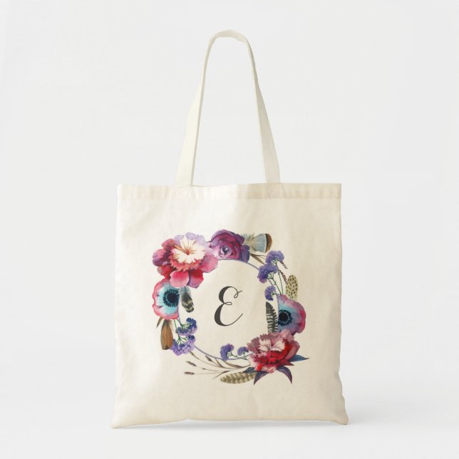 Wildflower Peony Floral with Feathers | Monogram Tote Bag (Front)