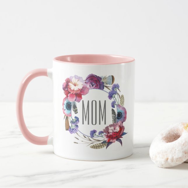 Wildflower Peony Floral with Feathers Mother's Day Mug (With Donut)