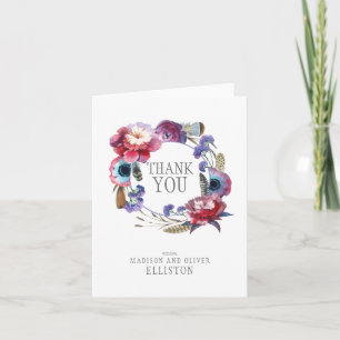 Wildflower Peony Floral with Feathers Thank You Card