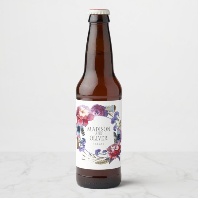 Wildflower Peony Floral with Feathers | Wedding Beer Bottle Label (Front)