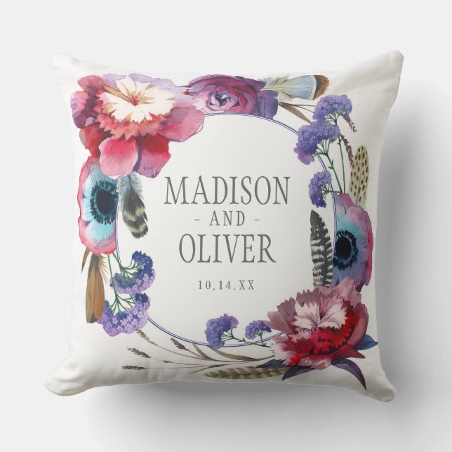 Wildflower Peony Floral with Feathers | Wedding Cushion (Front)