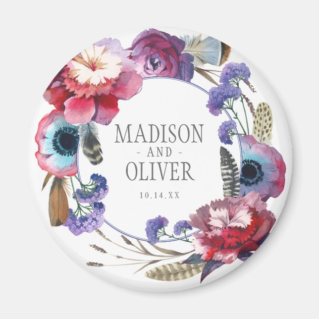 Wildflower Peony Floral with Feathers | Wedding Magnet (Front)