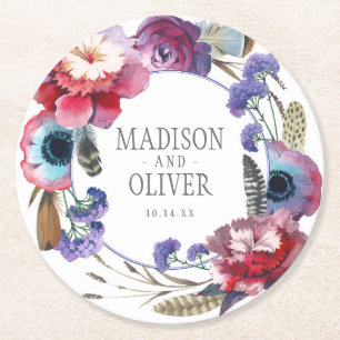 Wildflower Peony Floral with Feathers   Wedding Round Paper Coaster
