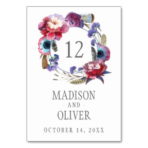 Wildflower Peony Floral with Feathers Wedding Table Number