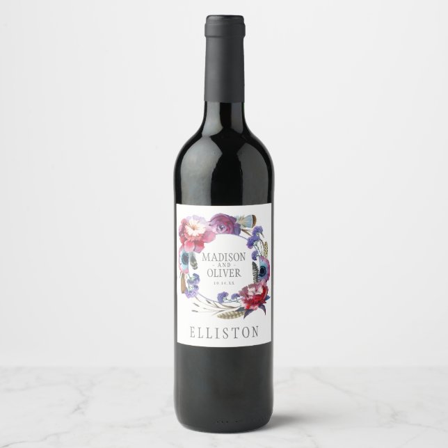Wildflower Peony Floral with Feathers | Wedding Wine Label (Front)