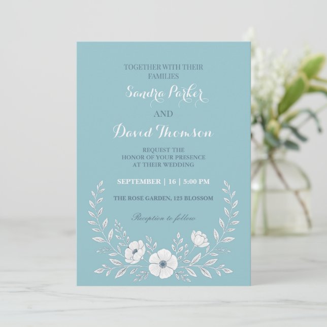 wildflower periwinkle blue elegant boho wedding  invitation (Standing Front)