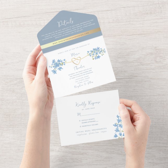 Wildflower Periwinkle Dusty Blue Wedding All In One Invitation (Tearaway)