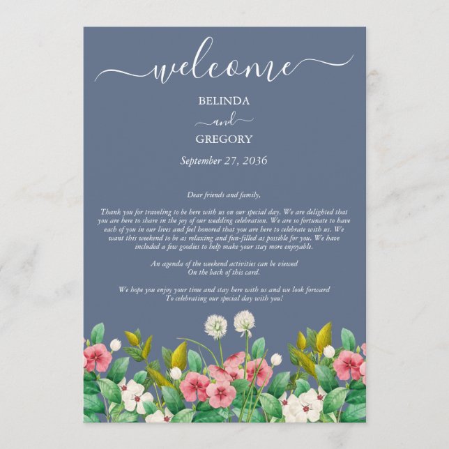 Wildflower Periwinkle Dusty Blue Wedding Itinerary Programme (Front)