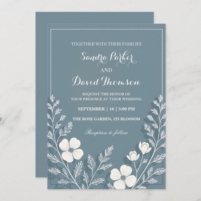 wildflower periwinkle elegant boho wedding  invitation (Front/Back)
