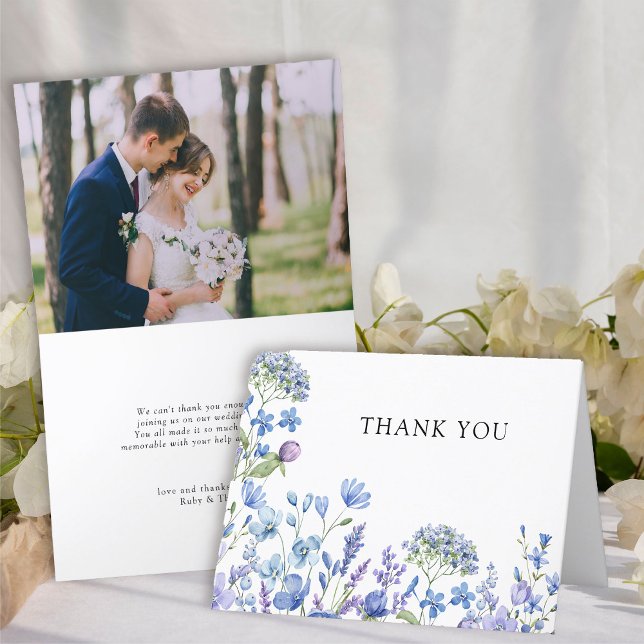 Wildflower Periwinkle Floral Wedding Photo Thank You Card (Wedding Photo Thank You Card from my Lilac + Periwinkle Wildflower Wedding Collection)