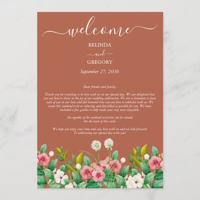 Wildflower Periwinkle Orange Wedding Itinerary Programme (Front)