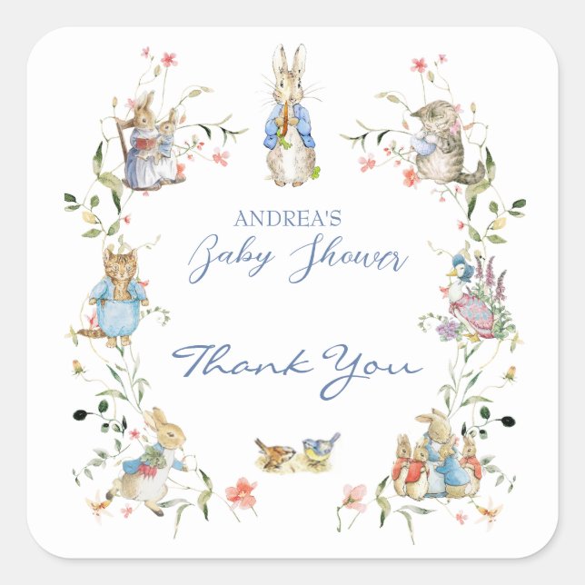 Wildflower Peter the Rabbit Baby Shower Square Sticker (Front)