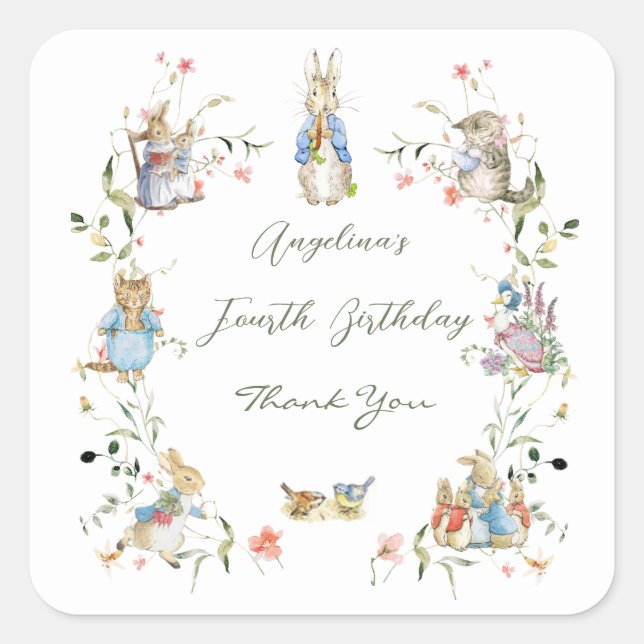 Wildflower Peter the Rabbit Birthday Square Sticker (Front)