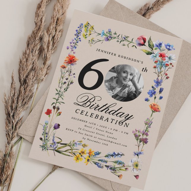 Wildflower Photo 60th Birthday Party Champagne Invitation (Wildflower Photo 60th Birthday Party Champagne Invitation)
