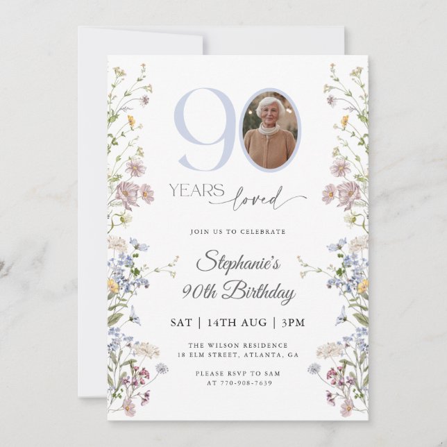 Wildflower Photo 90th Birthday Invitation (Front)
