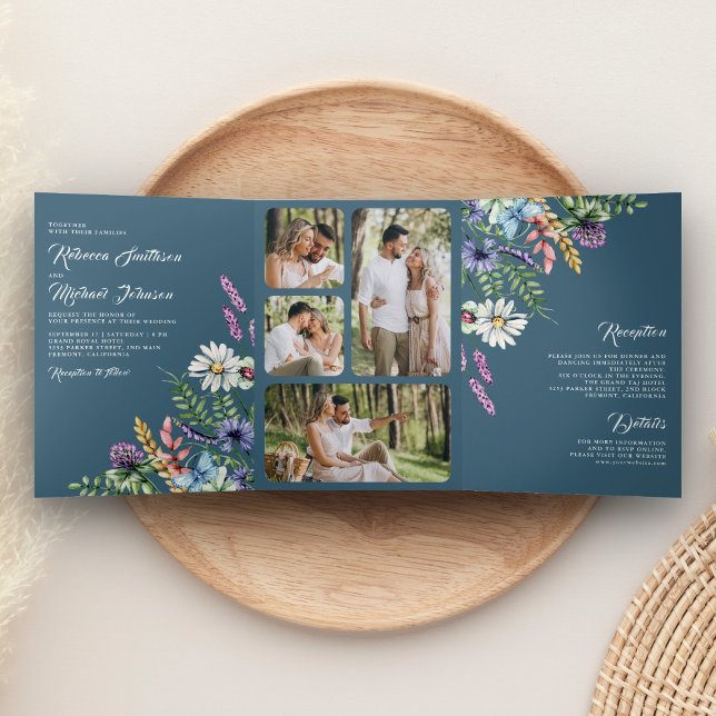 Wildflower Photo All in One Dusty Blue Wedding Tri-Fold Invitation (Creator Uploaded)