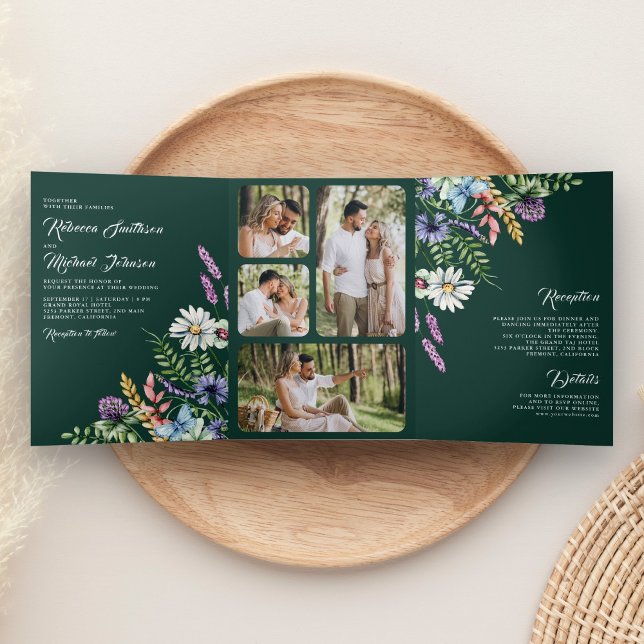 Wildflower Photo All in One Emerald Green Wedding Tri-Fold Invitation (Creator Uploaded)