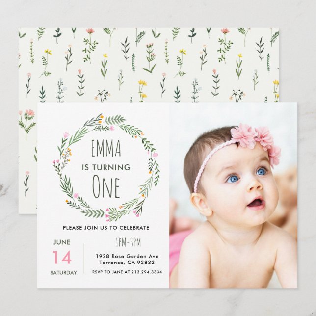 Wildflower Photo Garden 1st Birthday Invitation (Front/Back)