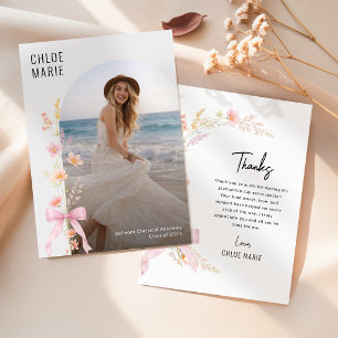 Wildflower Photo Pink Bow Graduation Party Thank You Card