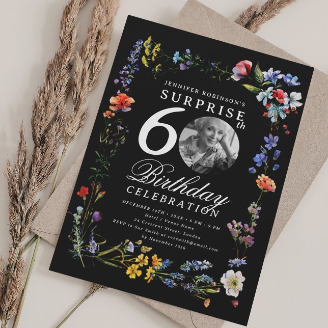 Wildflower Photo SURPRISE 60th Birthday Black  Invitation (Wildflower Photo SURPRISE 60th Birthday Black Invitation)