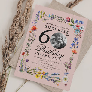 Wildflower Photo SURPRISE 60th Birthday Blush Pink Invitation