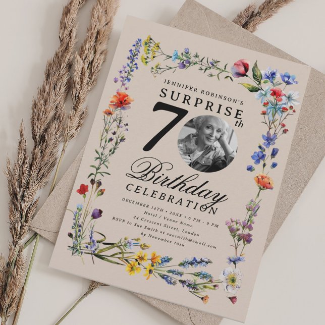 Wildflower Photo SURPRISE 70th Birthday Champagne  Invitation (Wildflower Photo SURPRISE 70th Birthday Champagne Invitation)