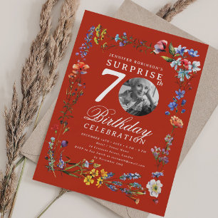 Wildflower Photo SURPRISE 70th Birthday Red  Invitation