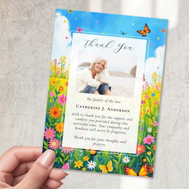 Wildflower Photo Sympathy Funeral Memorial Thank You Card (Creator Uploaded)