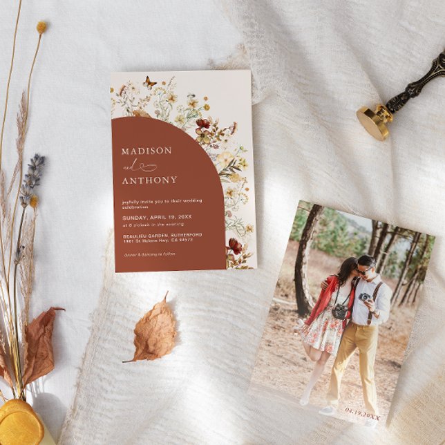 Wildflower Photo Terracotta Wedding Invitation (Creator Uploaded)