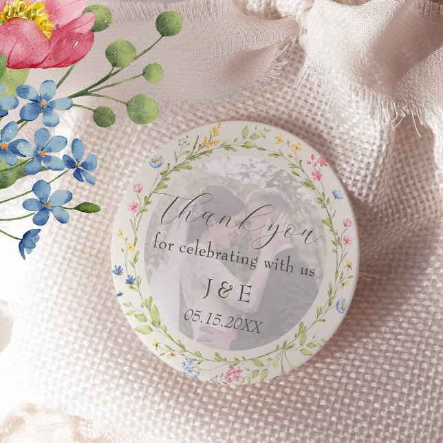Wildflower Photo Wedding Thank You Classic Round Sticker (Creator Uploaded)