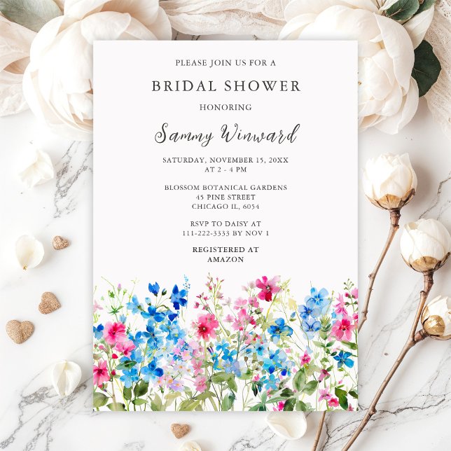 Wildflower Pink and Blue Floral Bridal Shower Invitation (Creator Uploaded)